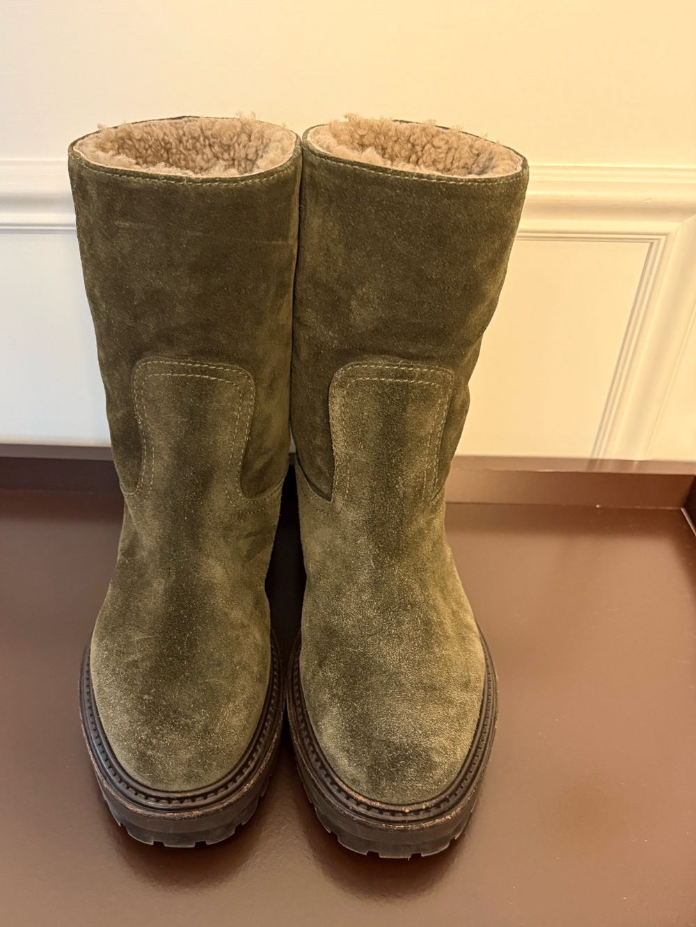 Jimmy Choo Olive Suede Shearling-Lined Lug Sole Boots – IT 35.5 / US 5.5 – Made